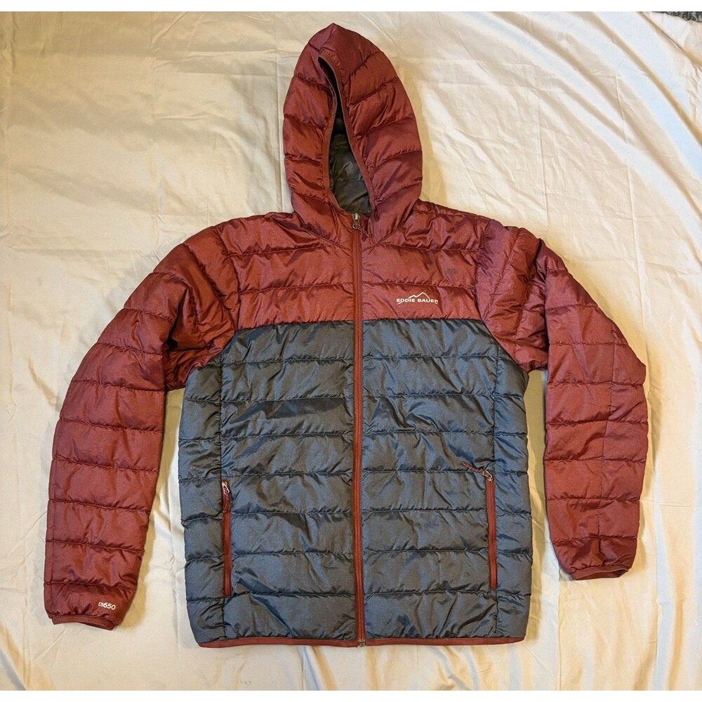 Eddie Bauer EB650 Down Jacket Hooded Puffer Red Gray Colorblock Mens Med Cold